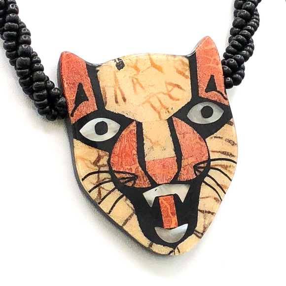 Estate Jewelry - Vintage MOP Coral Mosaic Tiger Pendant Necklace Mother of Pearl Inlay 1970s 80s